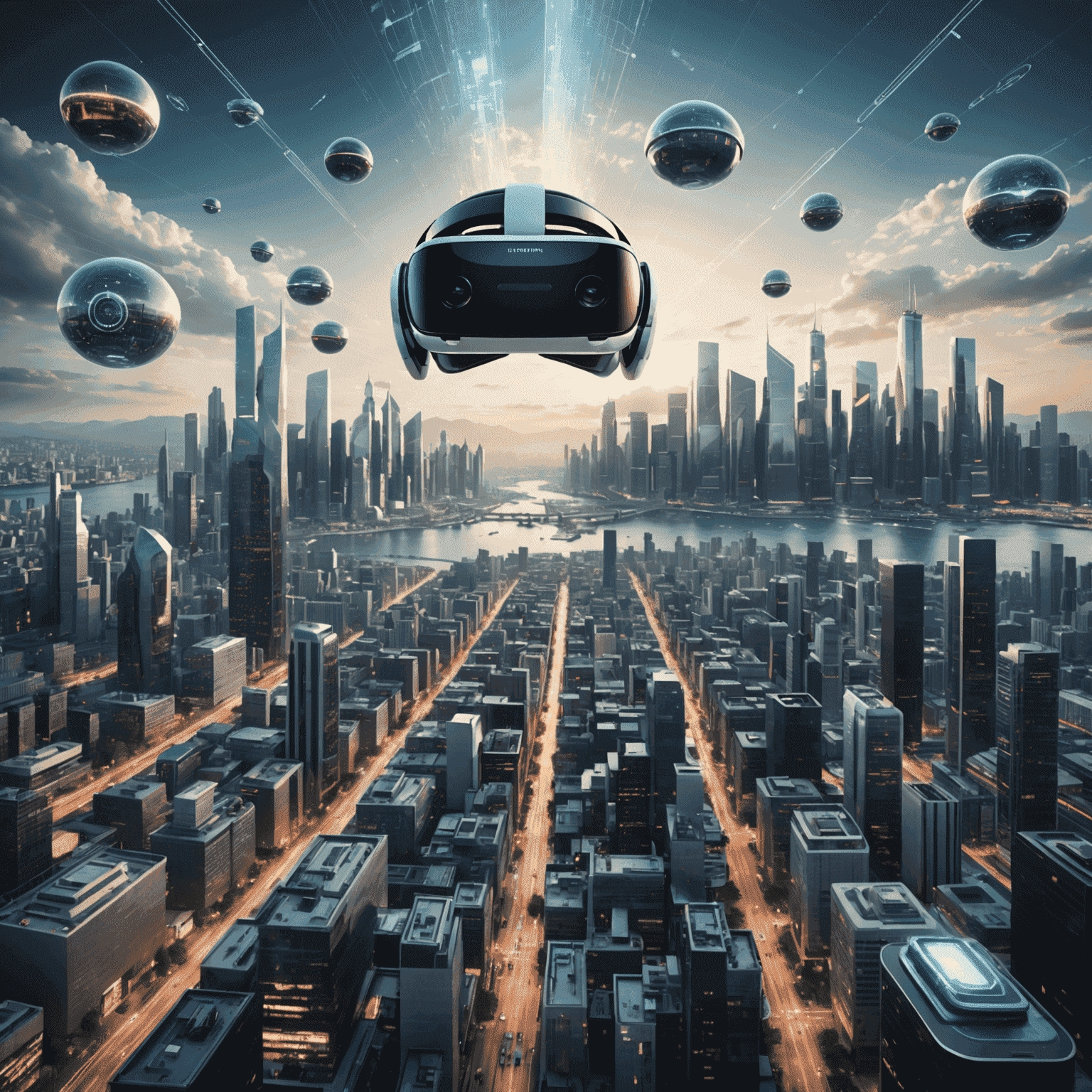 An image illustrating how artificial intelligence and virtual reality are transforming various industries, such as healthcare, education, and entertainment. The image shows a futuristic cityscape with AI and VR elements integrated into the environment.