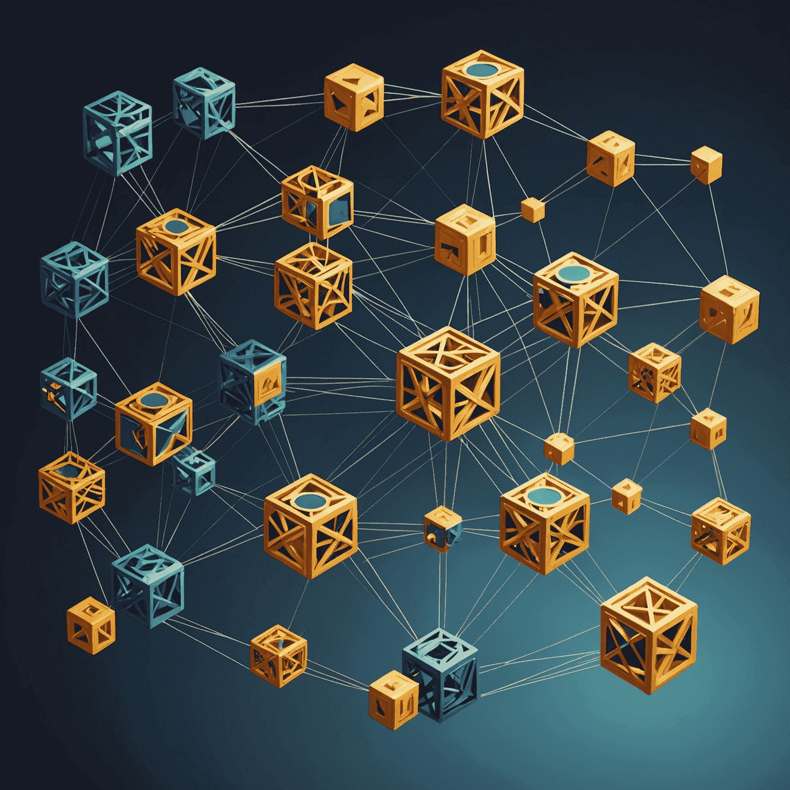 An abstract representation of blockchain technology with interconnected nodes and data blocks, symbolizing its potential to transform various industries