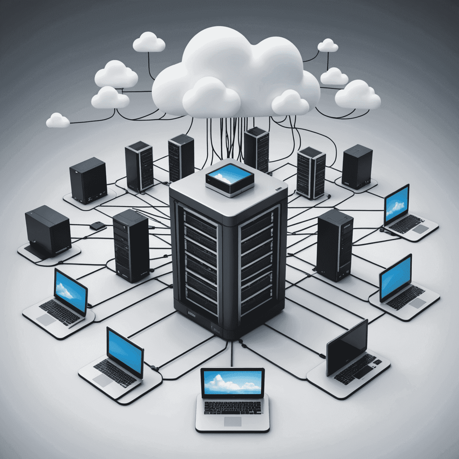 An illustration of a network of interconnected servers and devices representing cloud computing infrastructure