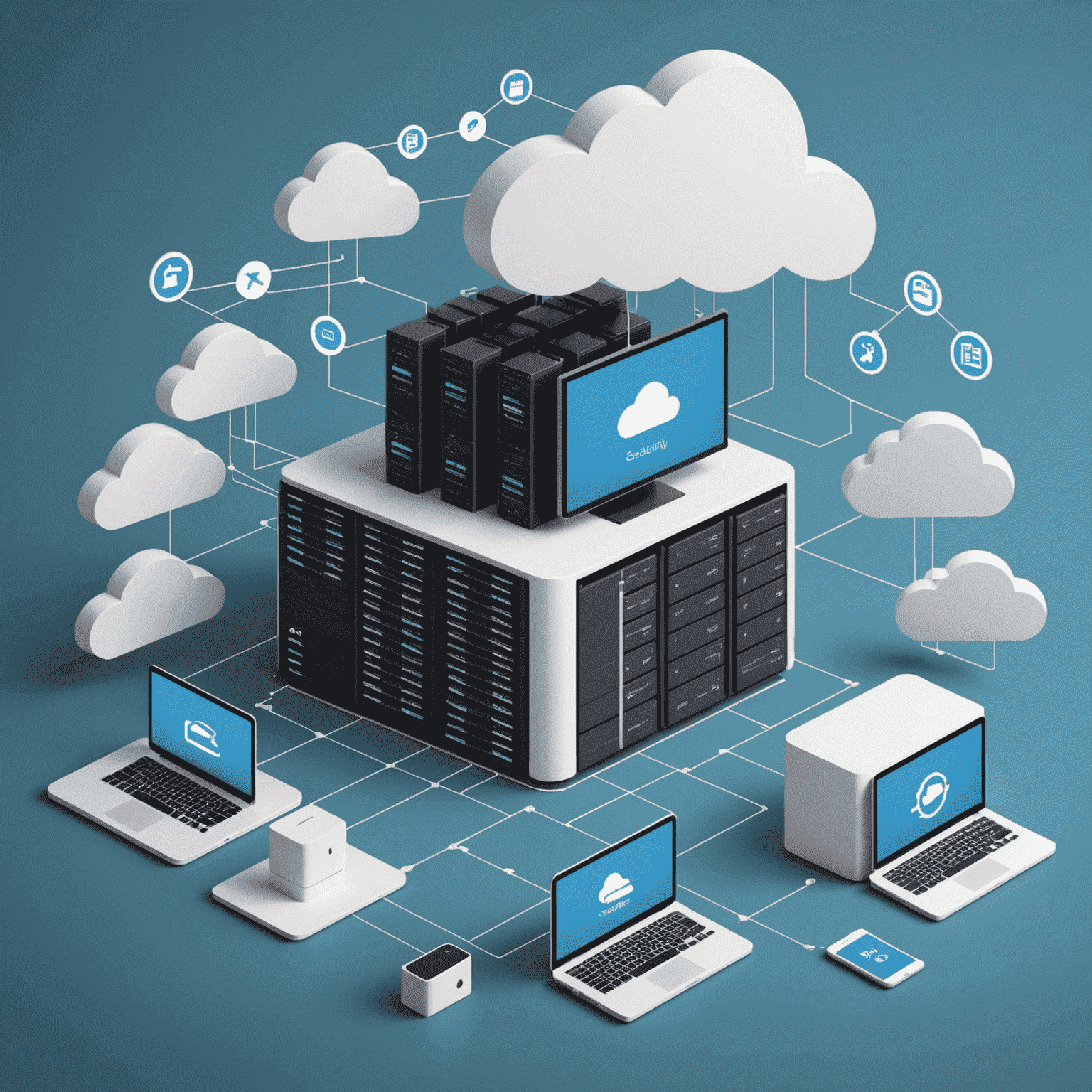 An illustration depicting various cloud computing services such as data storage, networking, and processing, with icons representing scalability, cost savings, and enhanced performance