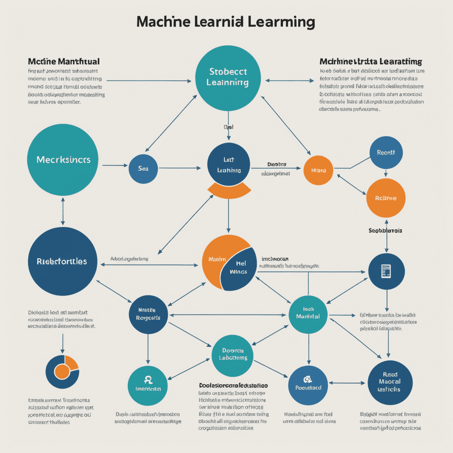 A diagram illustrating the process of machine learning, where data is fed into algorithms to train models and make predictions or decisions.