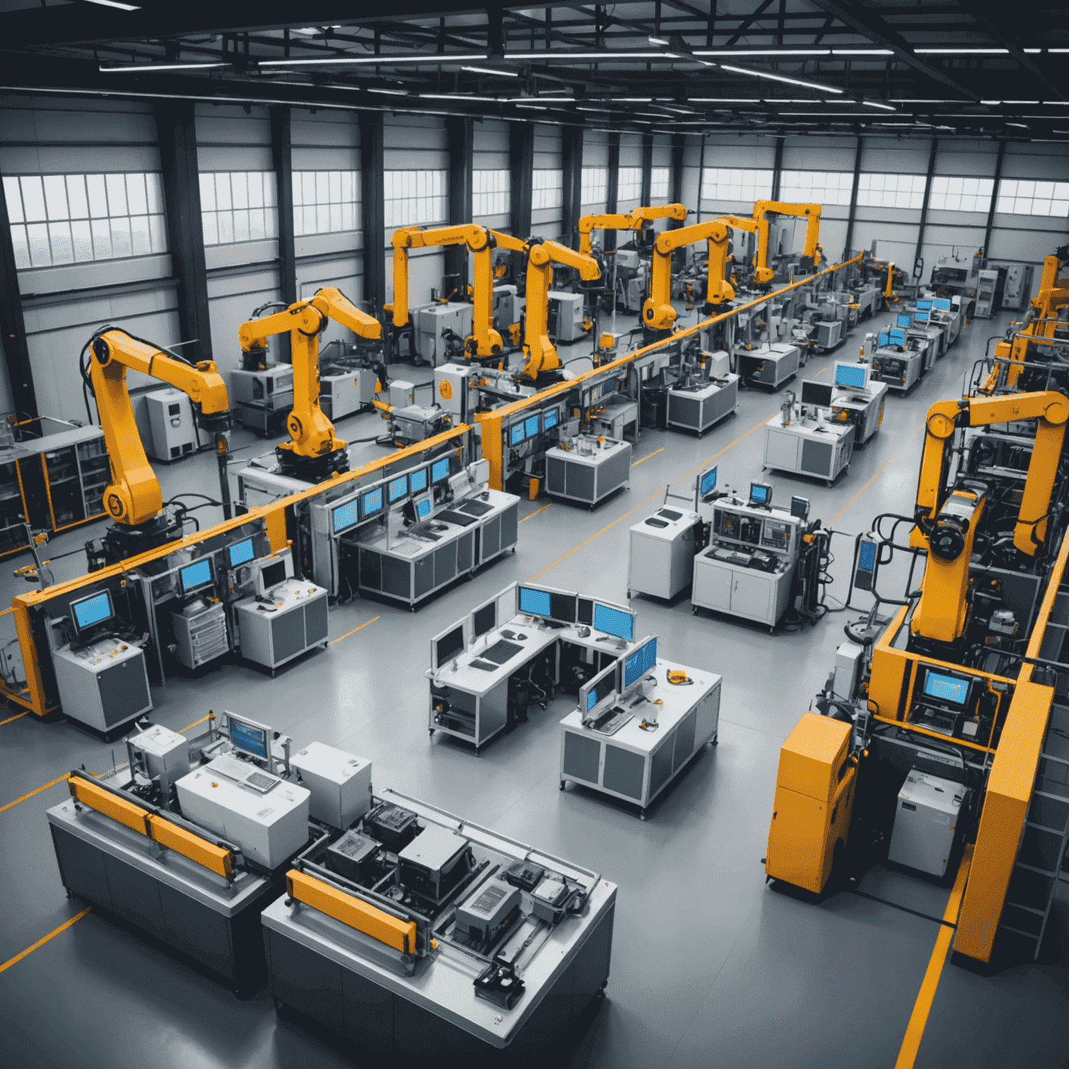 A modern smart factory with various IoT devices and sensors connected, monitoring and optimizing production processes in real-time