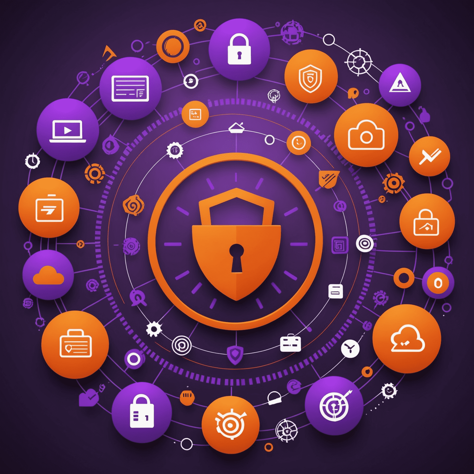 A visual representation of various cybersecurity threats, such as malware, phishing, and data breaches, depicted through digital icons and symbols in shades of orange and purple.