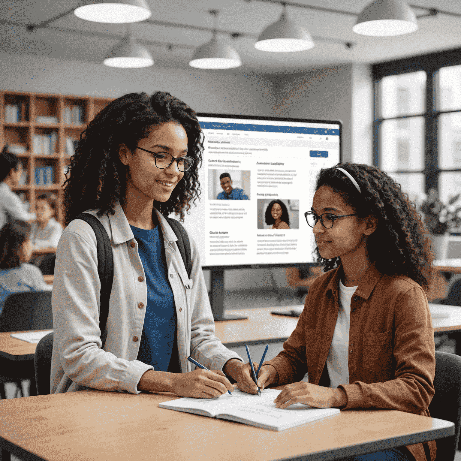 Illustration of a student using a personalized learning platform powered by AI, with a virtual assistant guiding them through tailored educational content