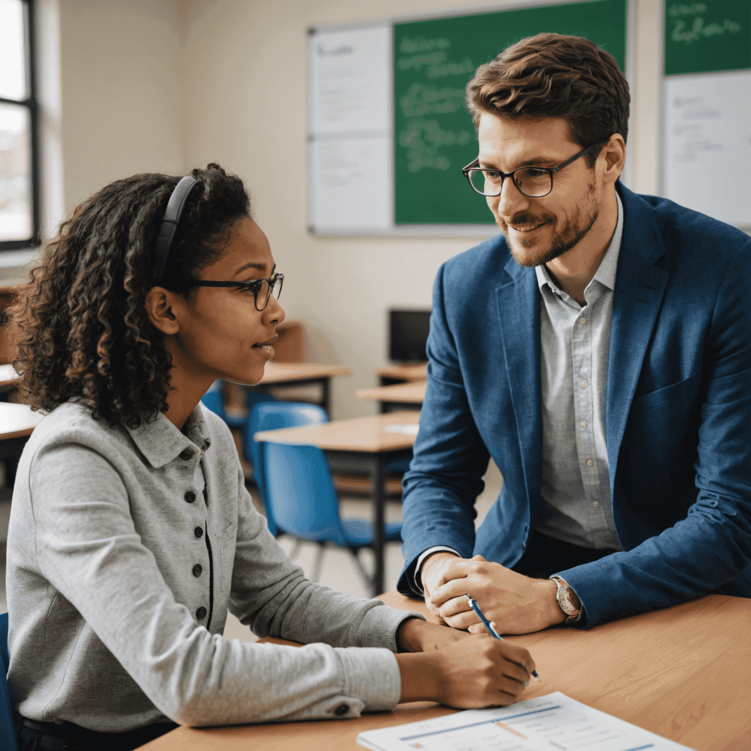 A teacher and student discussing the student's personalized learning plan, generated by an AI system based on the student's learning data