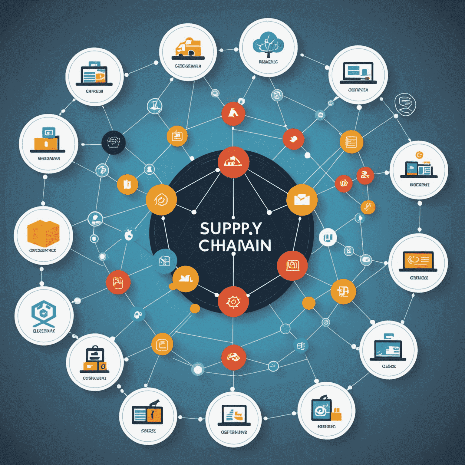 A visual representation of a supply chain network with blockchain technology, showing the flow of goods and information across various stages