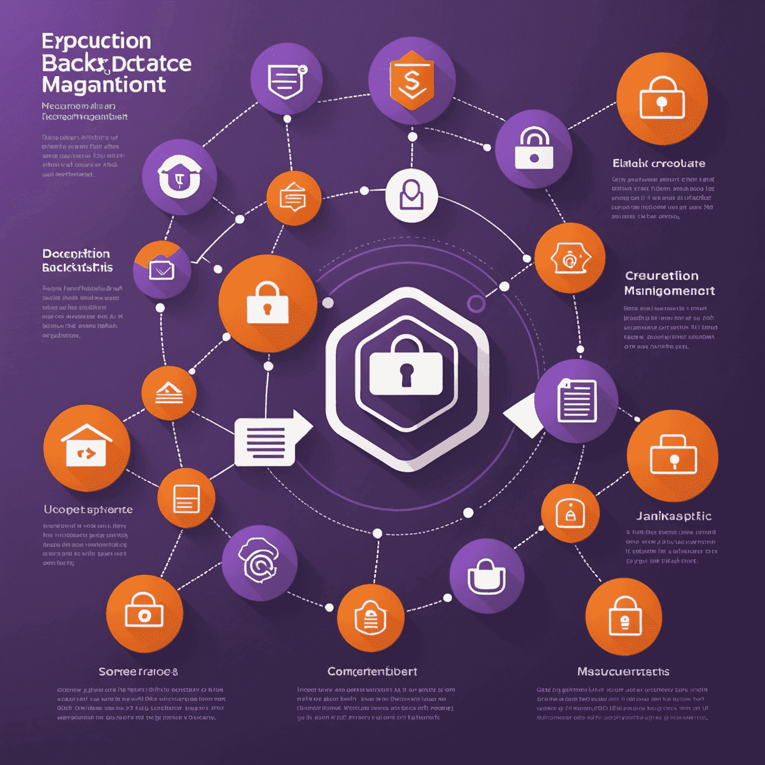 An infographic showcasing various data protection solutions, such as encryption, secure backups, and compliance management, represented through digital icons and symbols in shades of orange and purple.