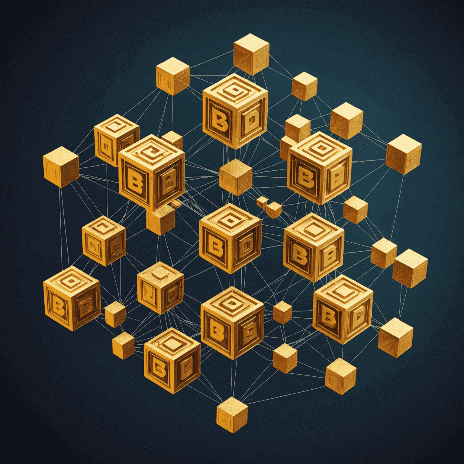 An abstract representation of a blockchain network with interconnected blocks and digital currencies